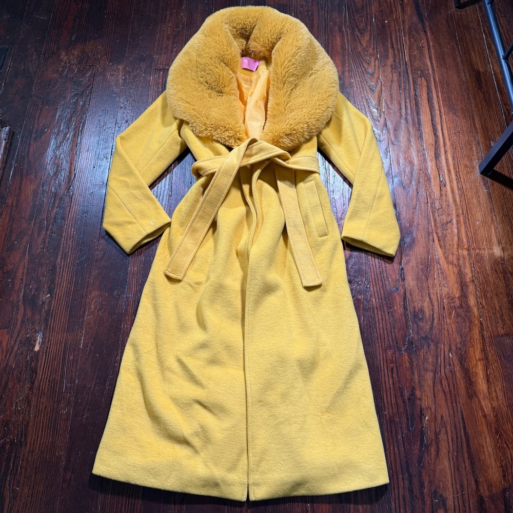 AZALEA WANG Princess Wrap Coat Womens Small Yellow Faux Fur Collar Longline
